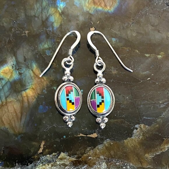 Sterling Silver 925 Southwest Style Turquoise Coral Malachite Dangle Earrings - Picture 6 of 16